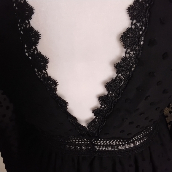 Shein Women's Black Scheer Deep V-Neck Long Sleeve Swiss Dot Tie Mini Dress L - Picture 6 of 9